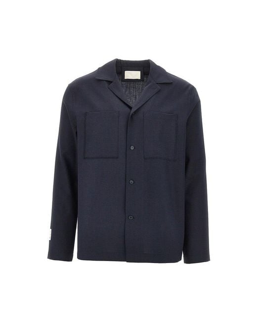 Men's Blue Wool-Blend Shirt With Bowling Collar