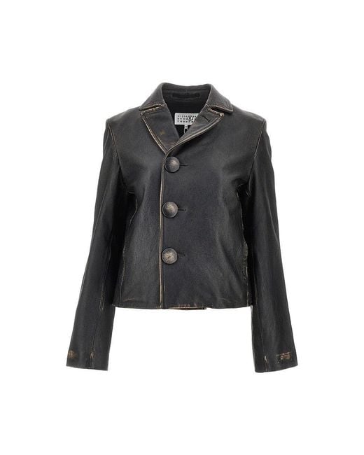 MM6 by Maison Margiela Black Vintage-Effect Leather Jacket