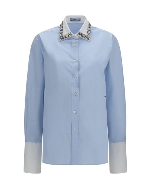 Prada Blue Jewel-Embellished Collar Shirt