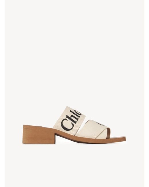 Chloé White Chloé Woody 45Mm Slides Linen Leather