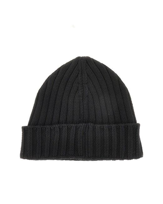C P Company Black Knitted Beanie Hat With Logo Patch for men