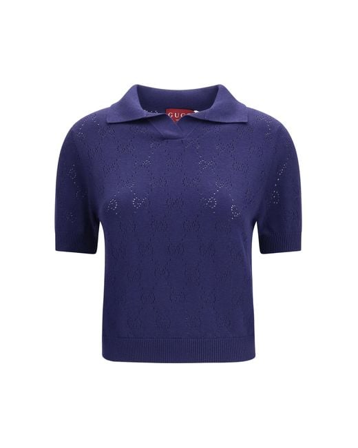 Gucci Blue Gg Pointelle Cotton Silk Polo Shirt