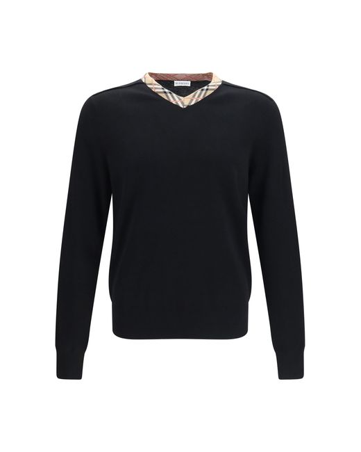 Burberry Blue Check Trim Wool Sweater for men