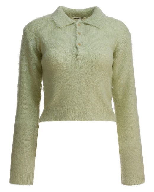 Auralee Green Mohair And Wool Polo Sweater Knitwear
