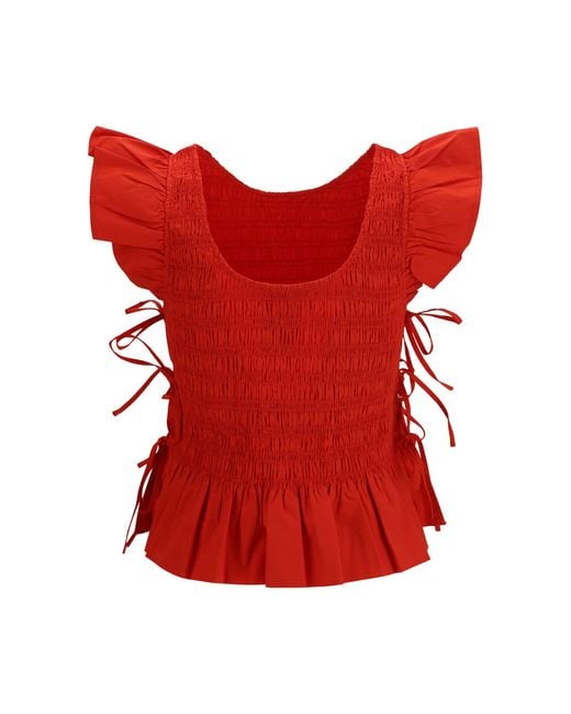 Ganni Red Ruched Cotton Top With Side Bows