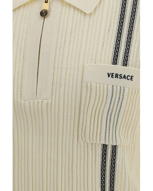 Versace White Jacquard Cotton Knit Polo for men
