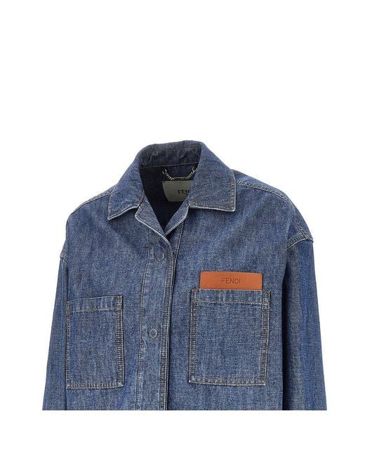 Fendi Blue Chambray Short Jacket With Leather Pocket