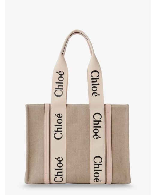 Chloé Natural Woody Linen Shoulder Bag With Leather Inserts