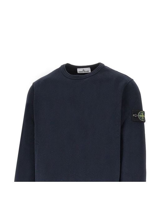 Stone Island Blue Crewneck Cotton Sweatshirt With Logo Badge for men