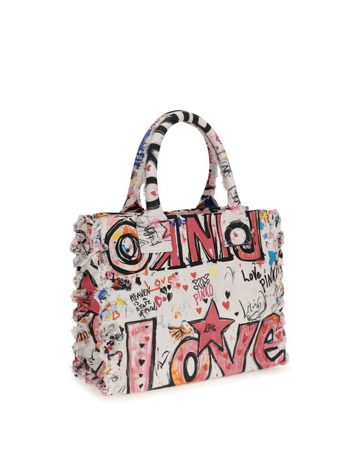 Pinko White Canvas Tote Bag