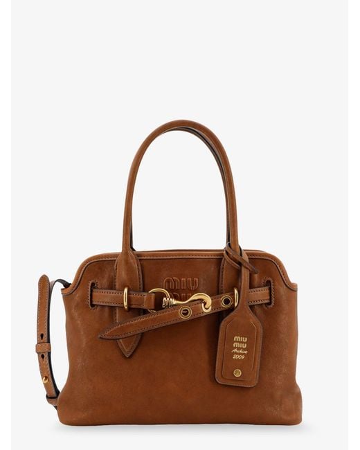 Miu Miu Brown Aventure Leather Handbag With Embossed Lettering Logo