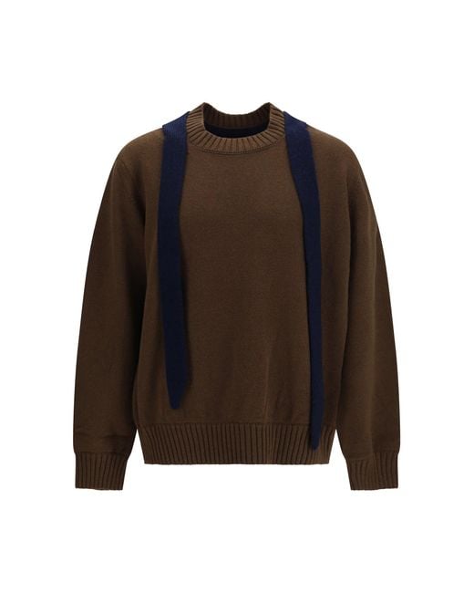 Sacai Brown Wool Knit Cardigan With Scarf for men