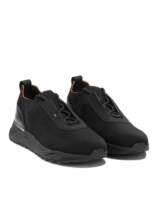 Santoni Black Mesh And Leather Low-Top Sneakers for men