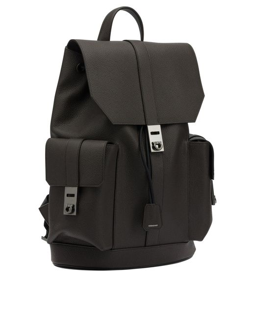 Ferragamo Black Double Pocket Leather Backpack for men