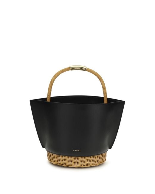 Sacai Black Leather And Rattan Handbag