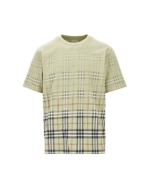 Burberry Green Cotton T-Shirt With Faded Check Motif for men
