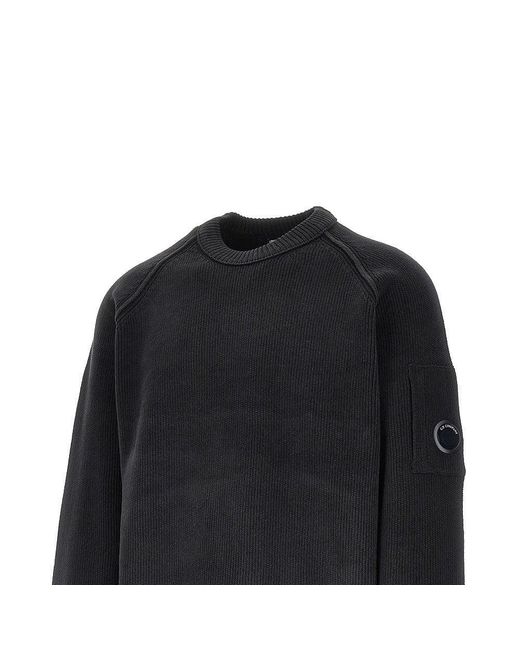 C P Company Black Cotton Chenille Crewneck Sweater for men