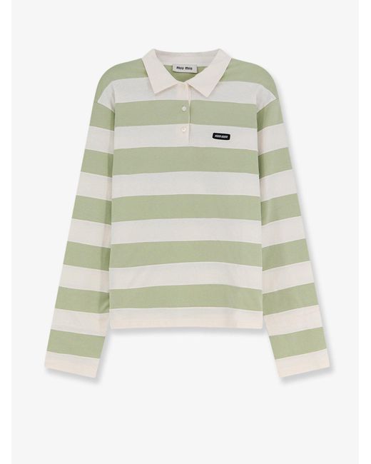 Miu Miu Green Cotton Polo Shirt With Striped Pattern