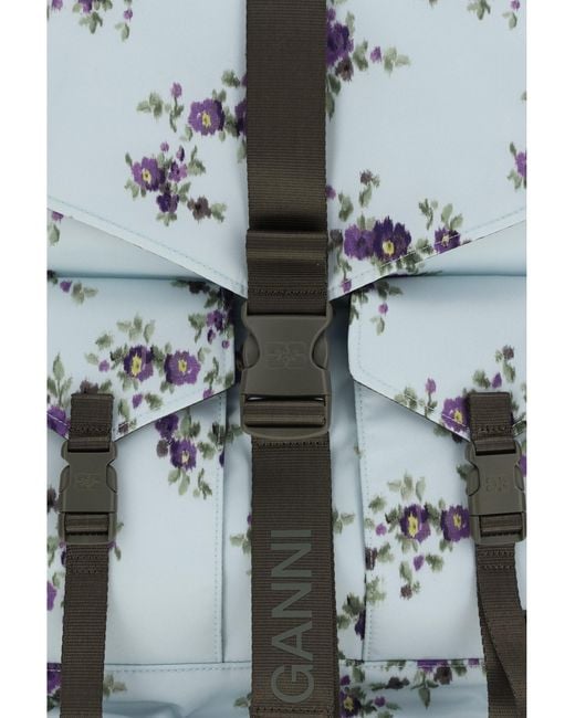 Ganni Blue Re-Tech Nylon Backpack With Floral Pattern