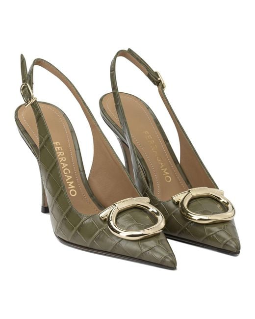 Ferragamo Metallic "Sara Croc 65Mm" Slingback