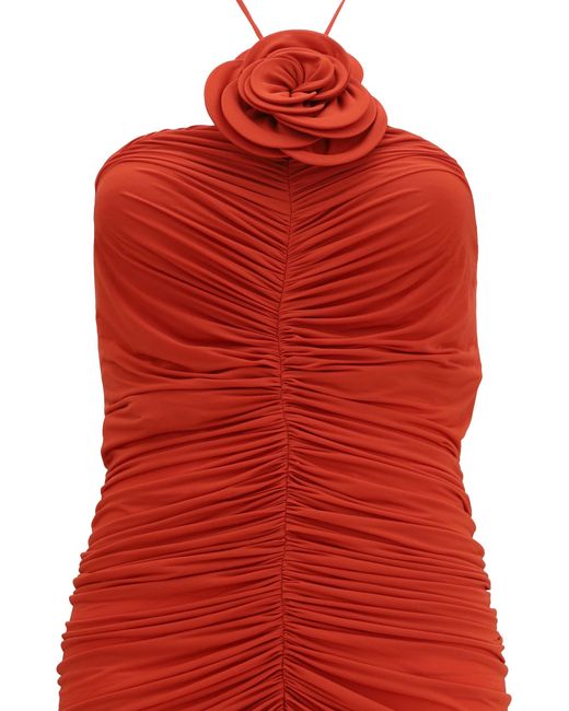 Magda Butrym Red Halterneck Dress With Floral Ruching