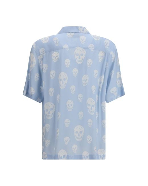 McQueen Blue Skull-Printed Hawaiian Shirt for men