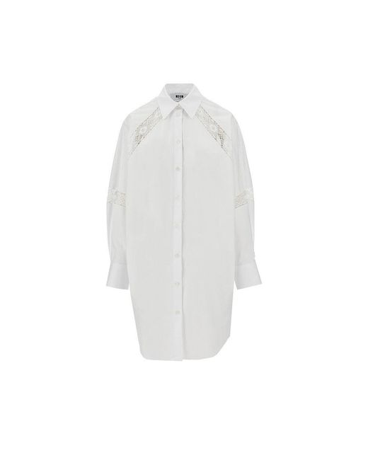 MSGM White Shirt Dress With Lace Inserts