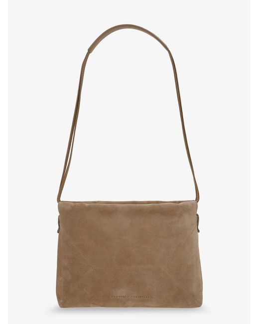Brunello Cucinelli Natural Suede Shoulder Bag With Logo On The Front