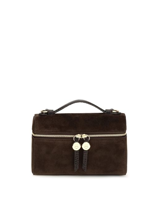 Tory Burch Black Romy Slim Suede Top Handle Bag Dark Cocoa