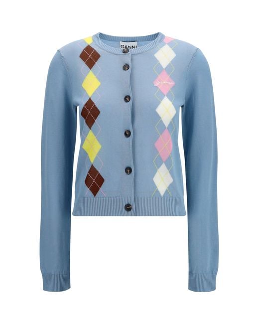 Ganni Blue Diamond-Pattern Cardigan