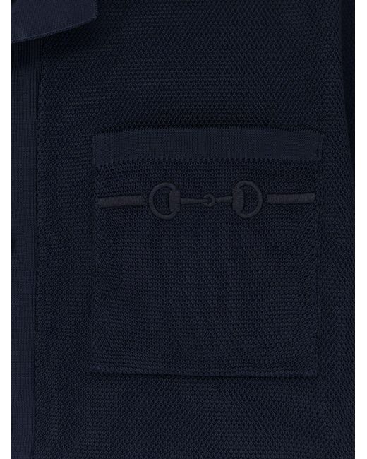 Gucci Blue Viscose Blend Polo Shirt With Front Horsebit Embroidery for men