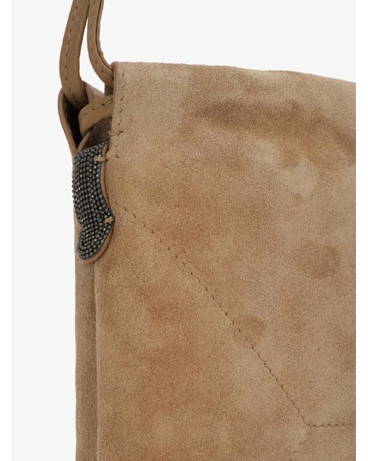 Brunello Cucinelli Natural Suede Shoulder Bag With Logo On The Front