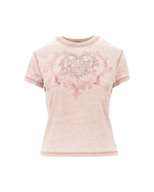 DIESEL Pink Strass-Embellished Burnout-Effect T-Shirt