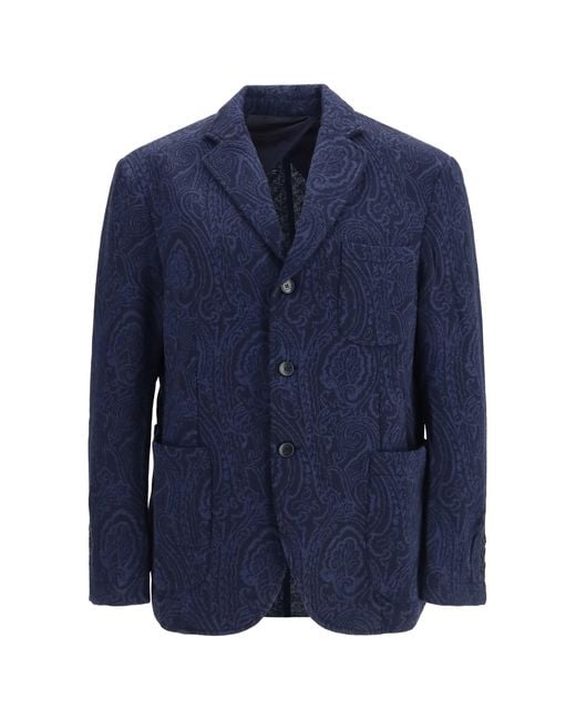 Etro Blue Single-Breasted Arnica Jacquard Wool-Blend Jacket for men