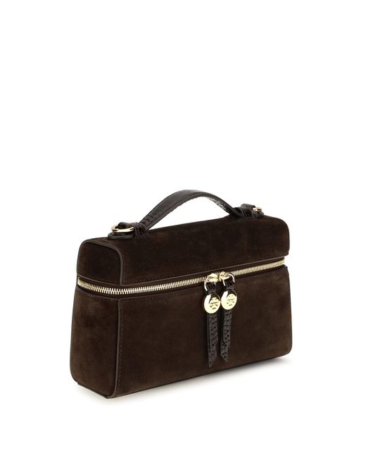 Tory Burch Black Romy Slim Suede Top Handle Bag Dark Cocoa