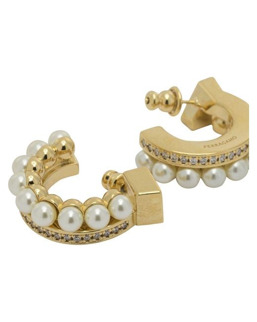 Ferragamo Metallic "Gancini" Earrings With Pearls
