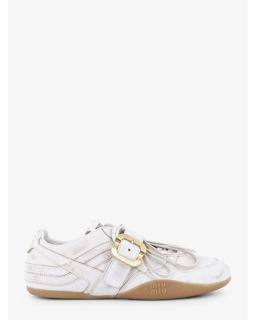 Miu Miu White Used-Effect Leather Sneakers With Metal Buckle Detail