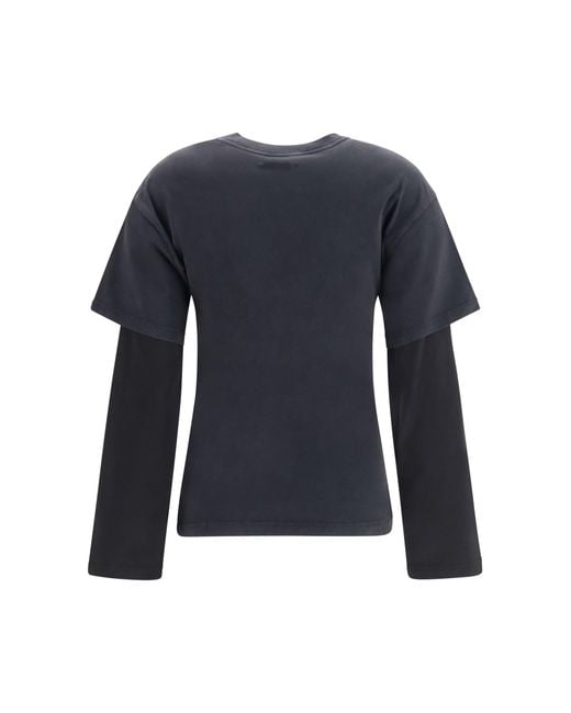 Courreges Blue Logo Print Double Sleeves T-Shirt Stonewashed