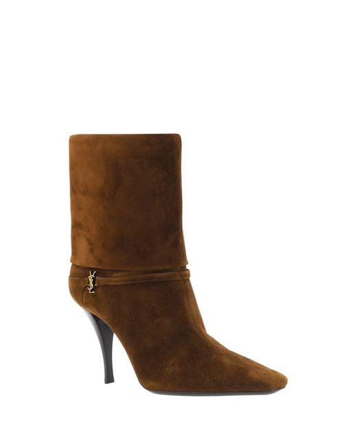 Saint Laurent Brown Suede Stiletto Boots With Metal Monogram