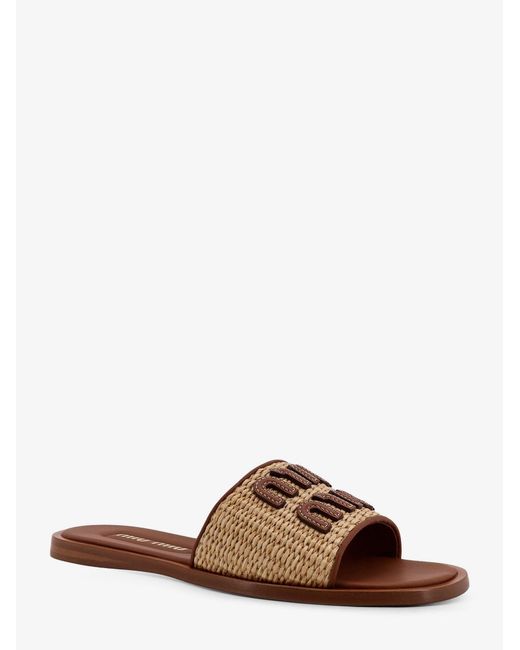 Miu Miu Brown Raffia And Leather Sandals With Logo Lettering