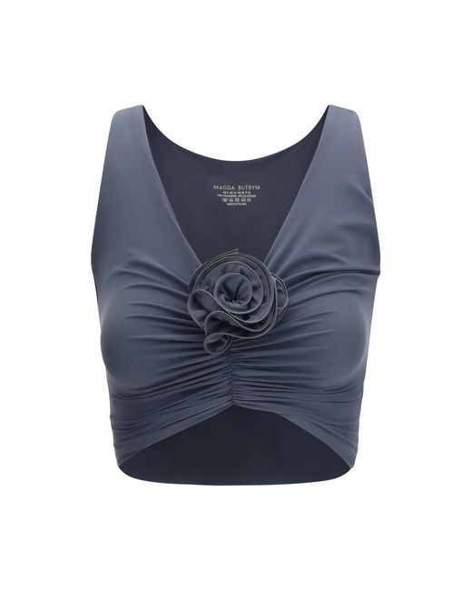 Women's Blue Ruched Flower Top