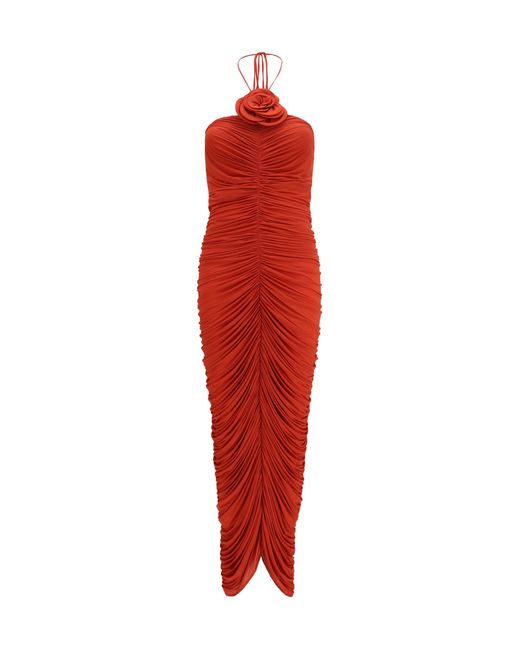 Magda Butrym Red Halterneck Dress With Floral Ruching