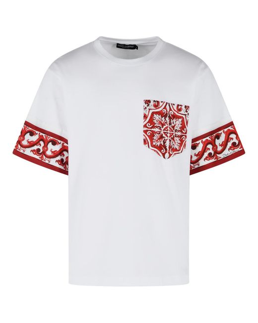 Dolce & Gabbana White Dolce & Gabbana 'Maiolica' Print Cotton And Silk T-Shirt for men