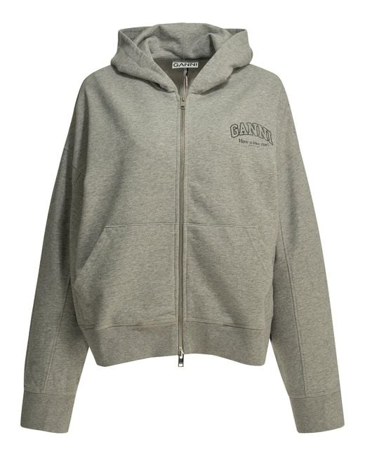 Ganni Gray Sweatshirt With Zipper And Logo
