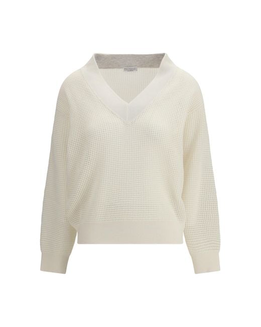 Brunello Cucinelli White Cashmere Net Sweater
