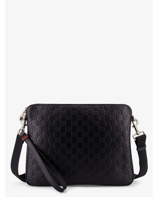 Gucci Black Leather Gg Emblem Crossbody Bag With Embossed Gg Motif for men