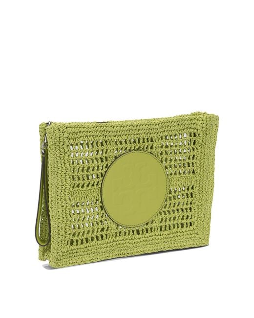 Tory Burch Green Paper Straw Clutch Bag