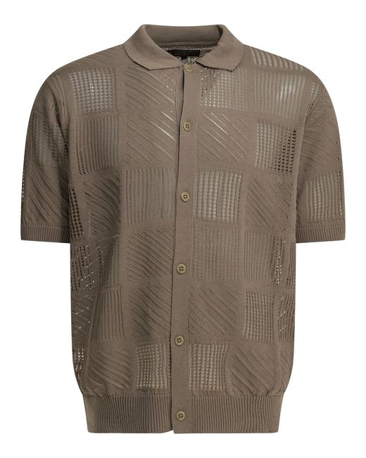 Beams Plus Brown Cotton Nylon Spandex Textured Knit Button-Down Polo Shirt for men