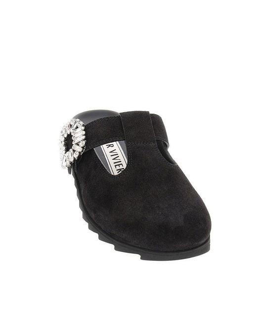 Roger Vivier Black 'Slidy Viv' Suede Leather Mules