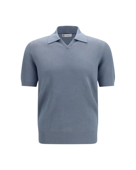 Brunello Cucinelli Blue Cotton Ribbed Polo for men